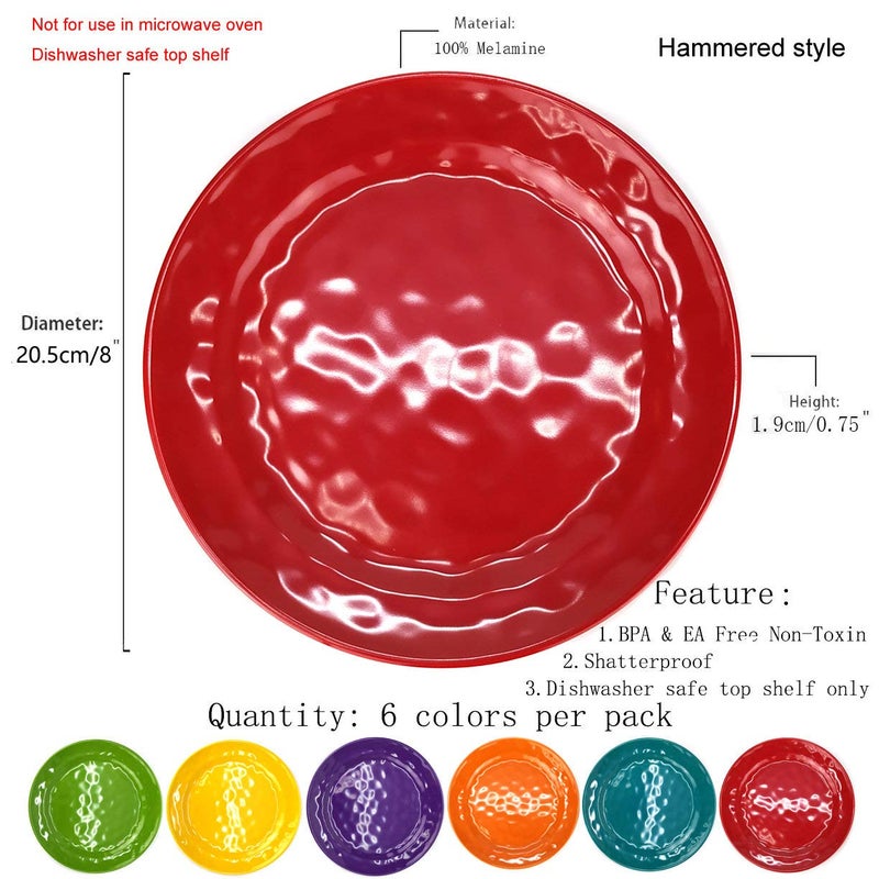 KX-WARE Melamine Plates Set of 6, 8-inch 100% Melamine Salad Plates for Everyday Use, Break-resistant and Lightweight, Multicolor - Image 2